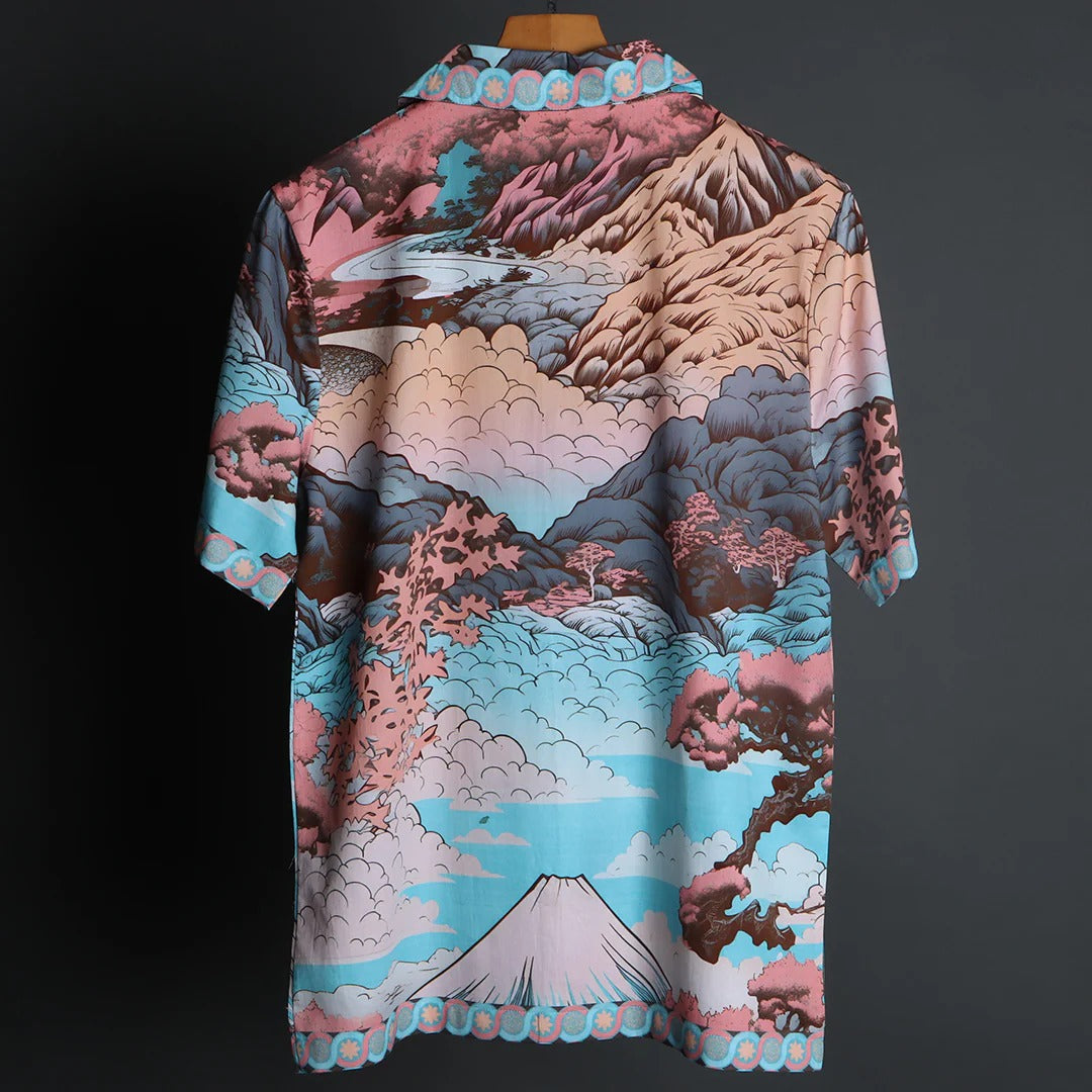 Fleex Japanese Landscape Printed Half Sleeve Casual Shirt for Men