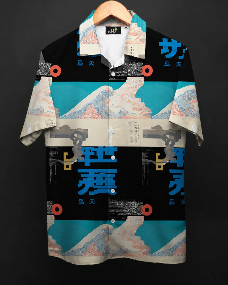 Fleex Japanese Wave Graphic Oversized Half Sleeve Shirt for Men