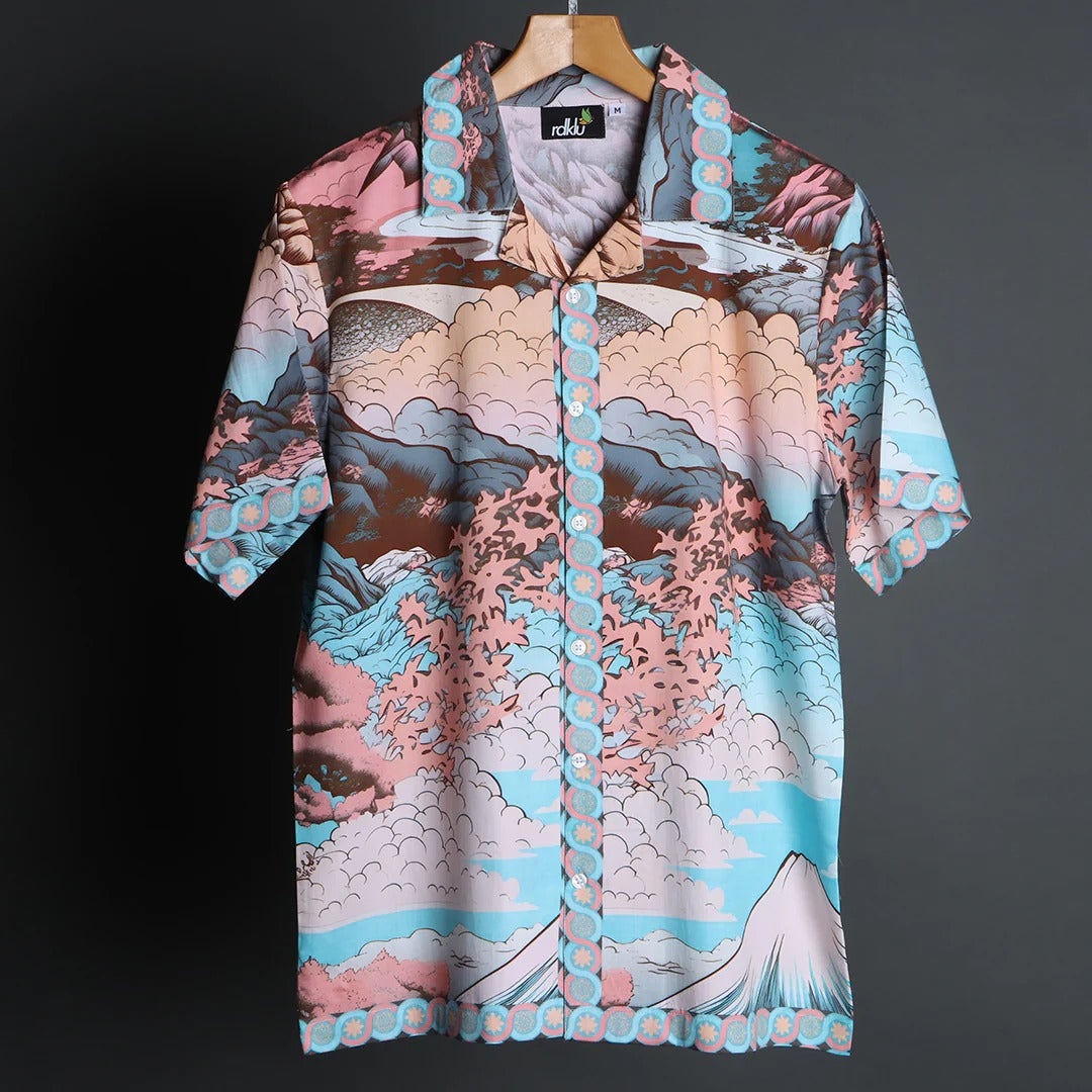 Fleex Japanese Landscape Printed Half Sleeve Casual Shirt for Men