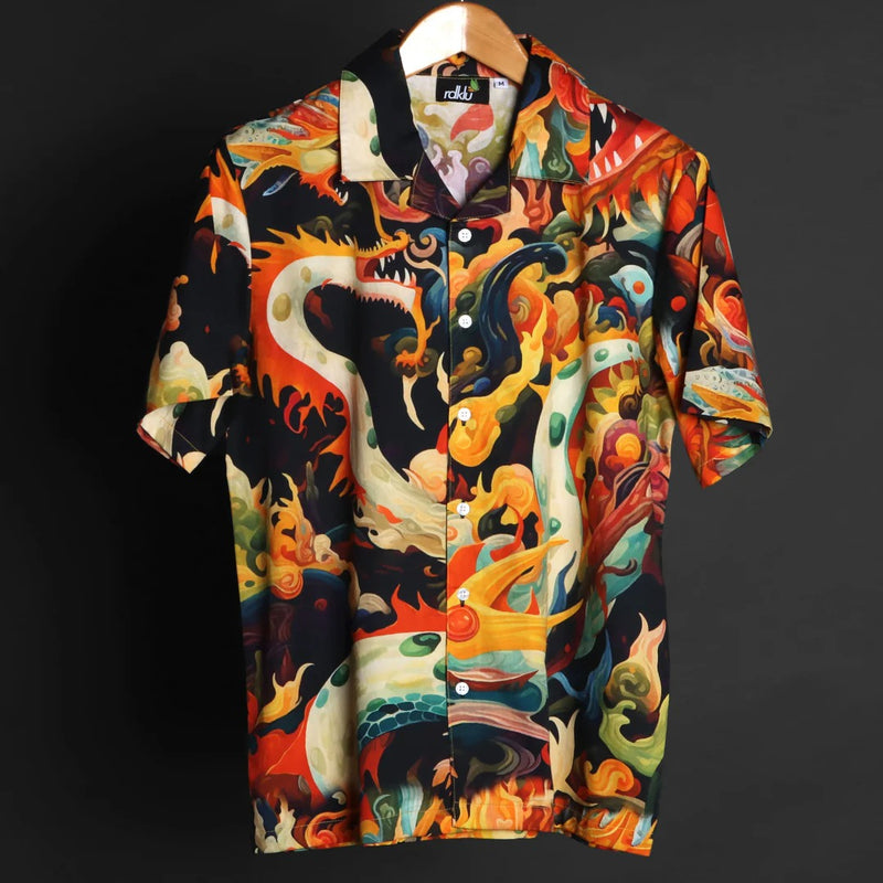 Fleex Dragon Art Graphic Printed Half Sleeve Casual Shirt for Men